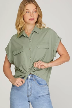 Eliana Drop Shoulder Flap sleeve Button Up Top - Be You Boutique