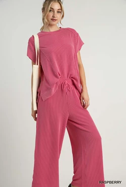 Raspberry Textured Short Sleeve Top and Straight Fit Pant Set - Be You Boutique